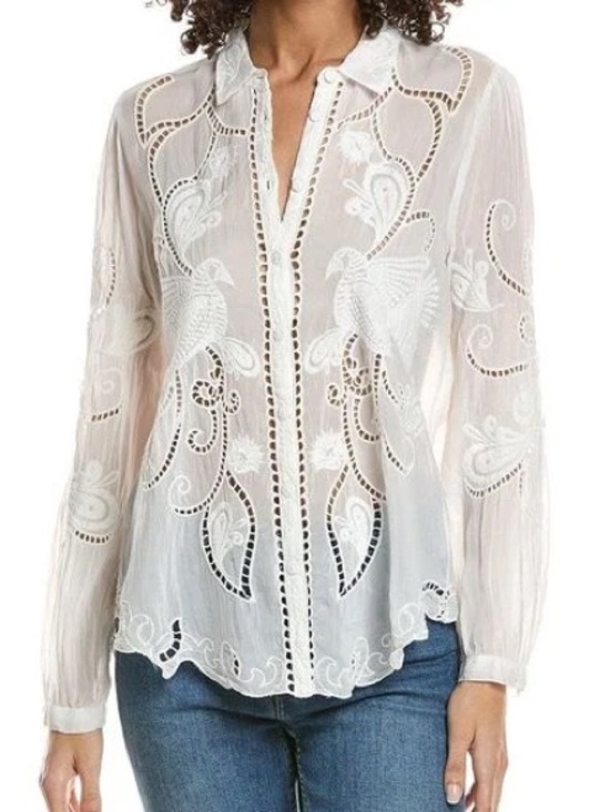 Johnny Was Tops - Johnny Was | Chryssie Camp Shirt In Roseann White - Embroidered - Boho - NWT